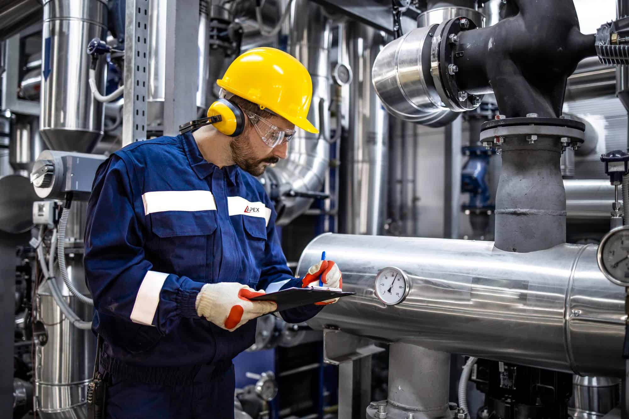 refinery worker checking pipes pressure natural gas supply production plant